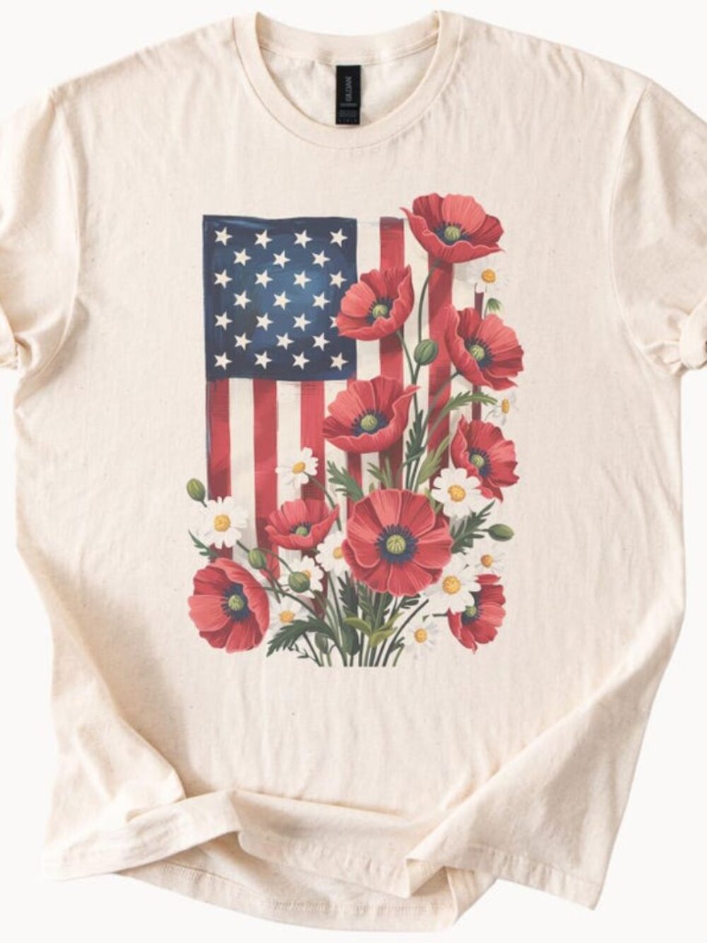 American Flag Poppy Flower Graphic Tee Patriotic Wildflower Shirt